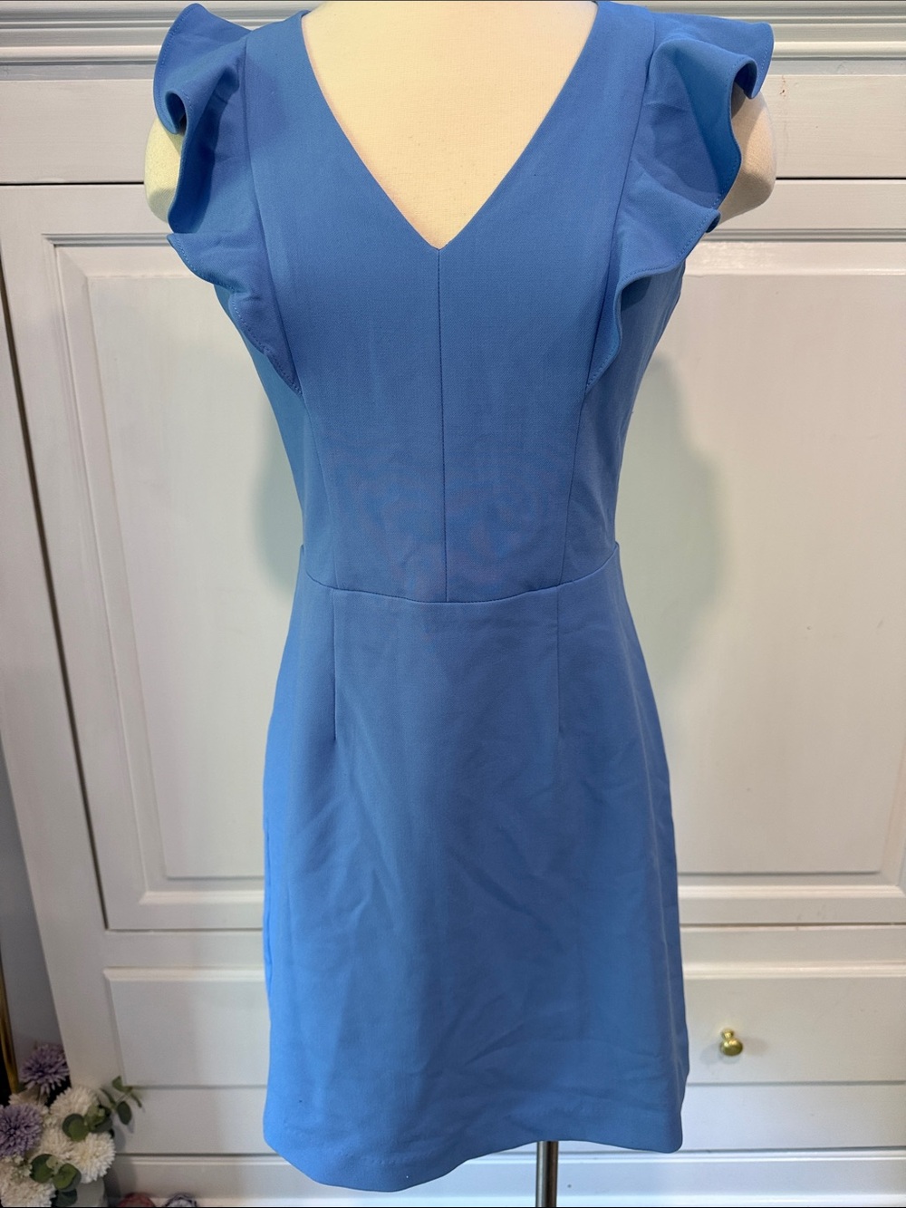 French Connection Light Blue Ruffle Sleeve V-Neck Mini Dress